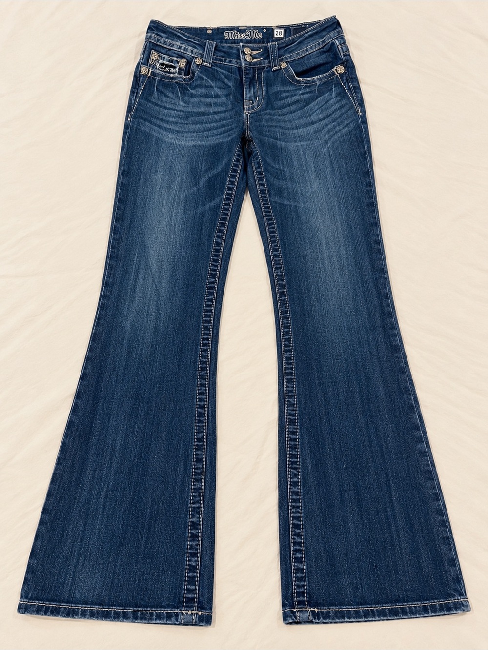 Miss Me Jeans Womens 28 Low Rise Bootcut Rhinestone Y2K McBling Dark Wash